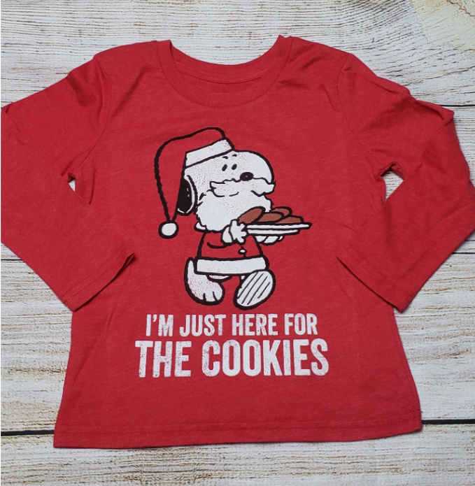 PEANUTS SNOOPY CHRISTMAS IM JUST HERE FOR THE COOKIES TODDLER LONG SLEEVE T SHIRT